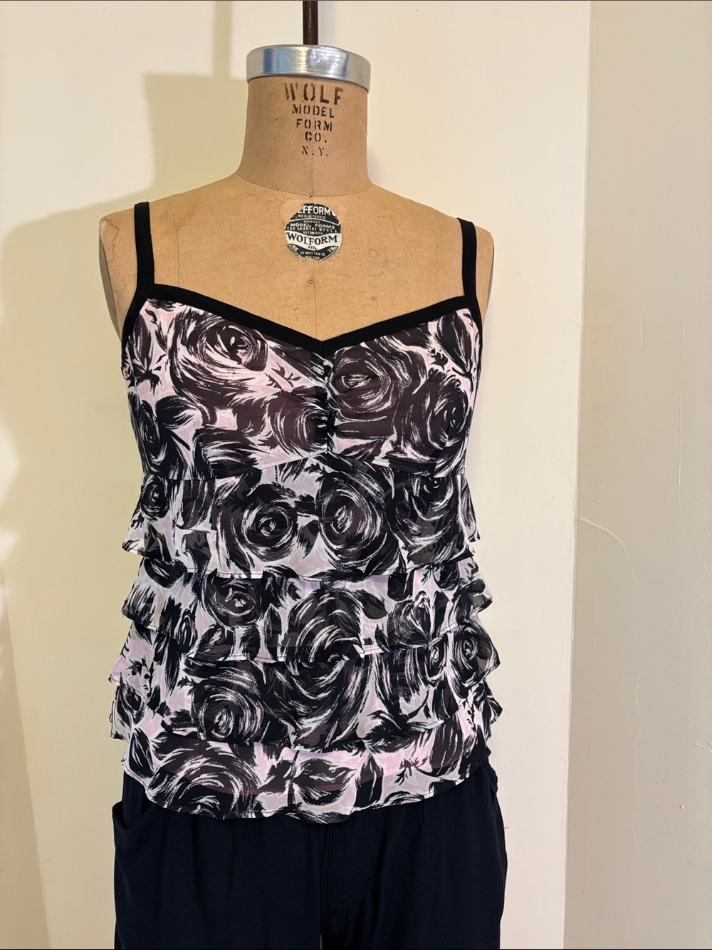 Black & Light Pink Floral Ruffle Camisole Top